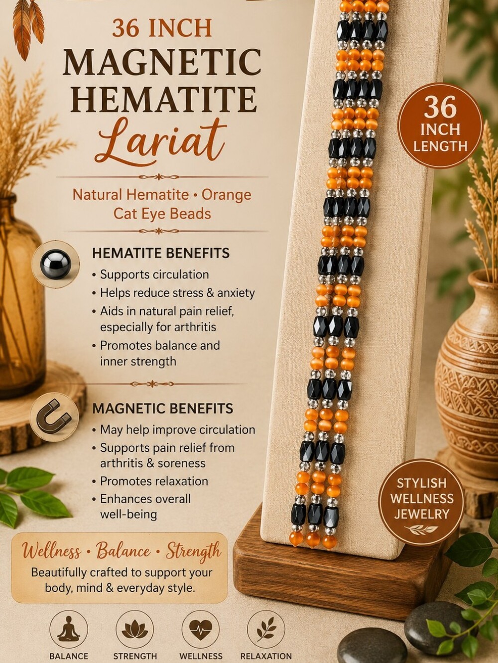36" Magnetic Hematite Lariat Necklace with Orange Cat Eye Beads